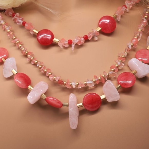 🆕 Three strand necklace with Rose Quartz , Rubies, and Strawberry Quartz . - Picture 3 of 8